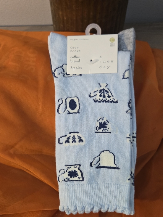 a new day Accessories - a new day Light Blue Novelty Crew Socks with Navy and Cream Accents - 3pk